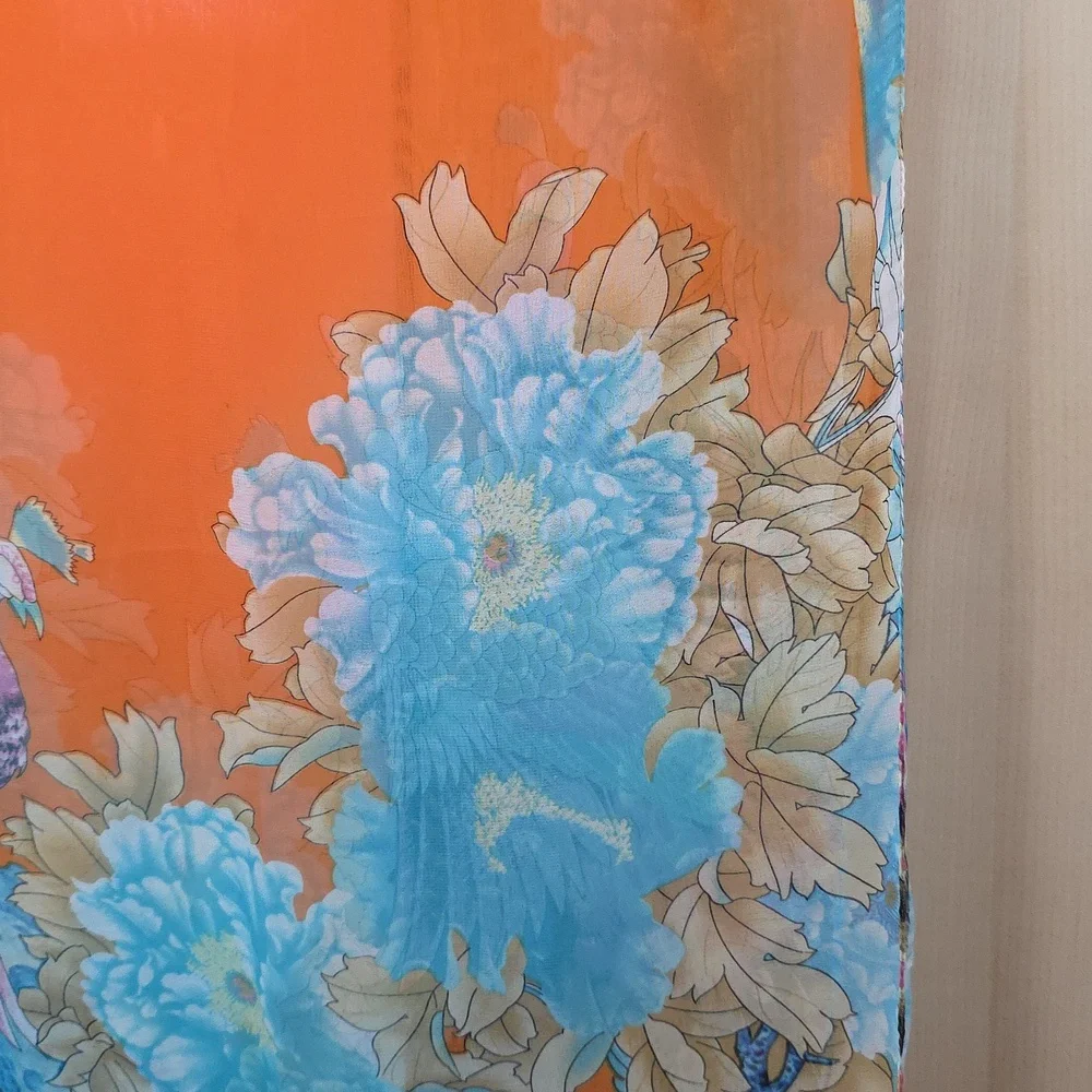 Orange and Blue Floral Scarf, Vibrant, Sheer, 20